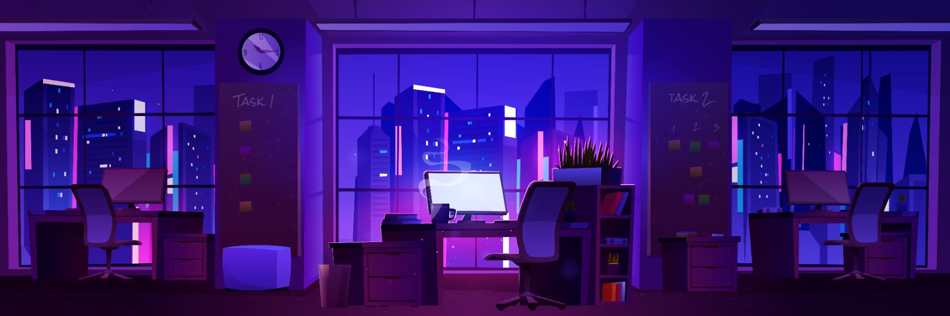 A stylised modern office at night with city views